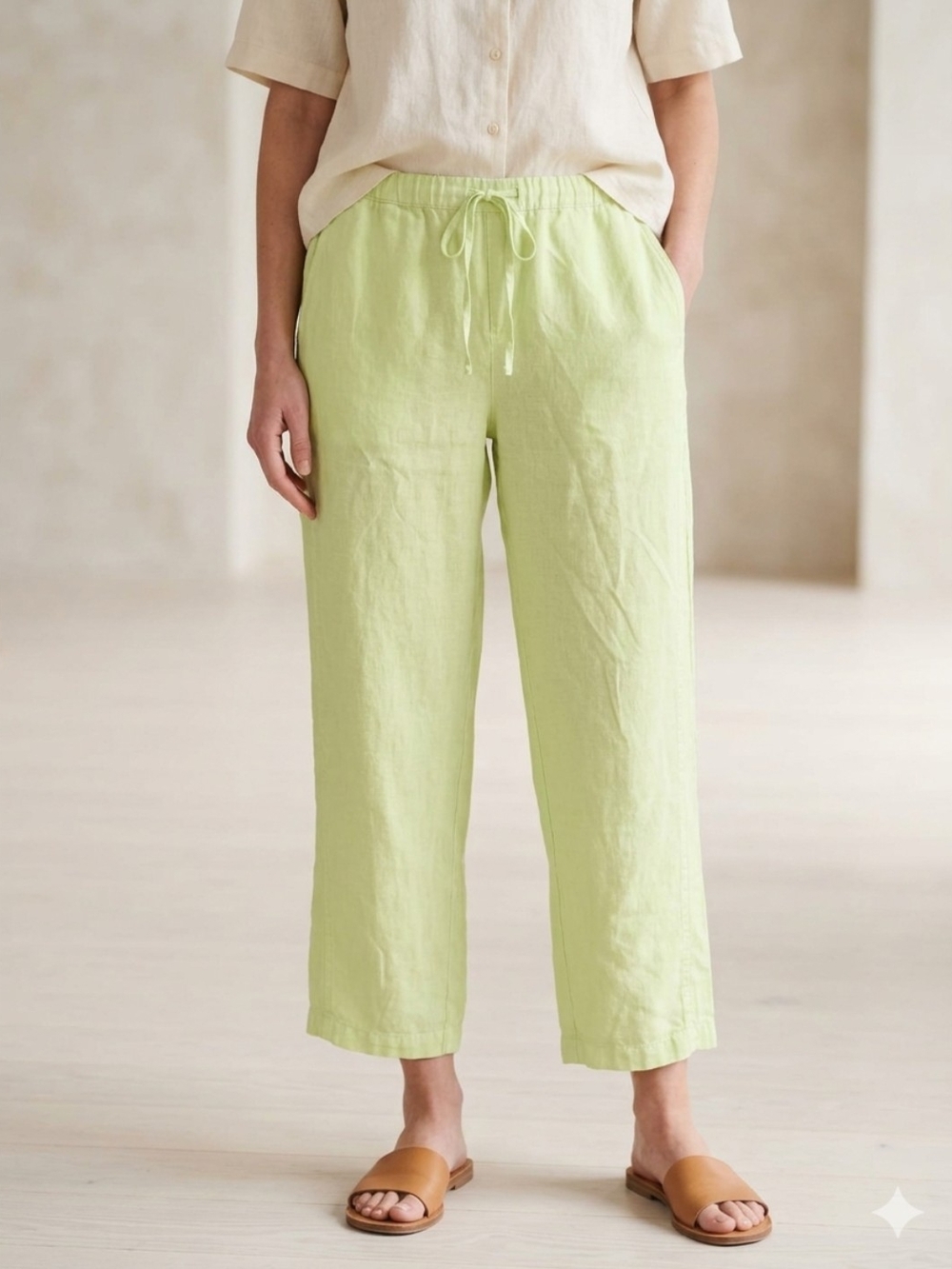 J Jill Love Linen Straight Leg Pants Plus 3X Pockets Yellow Green Coastal Beach